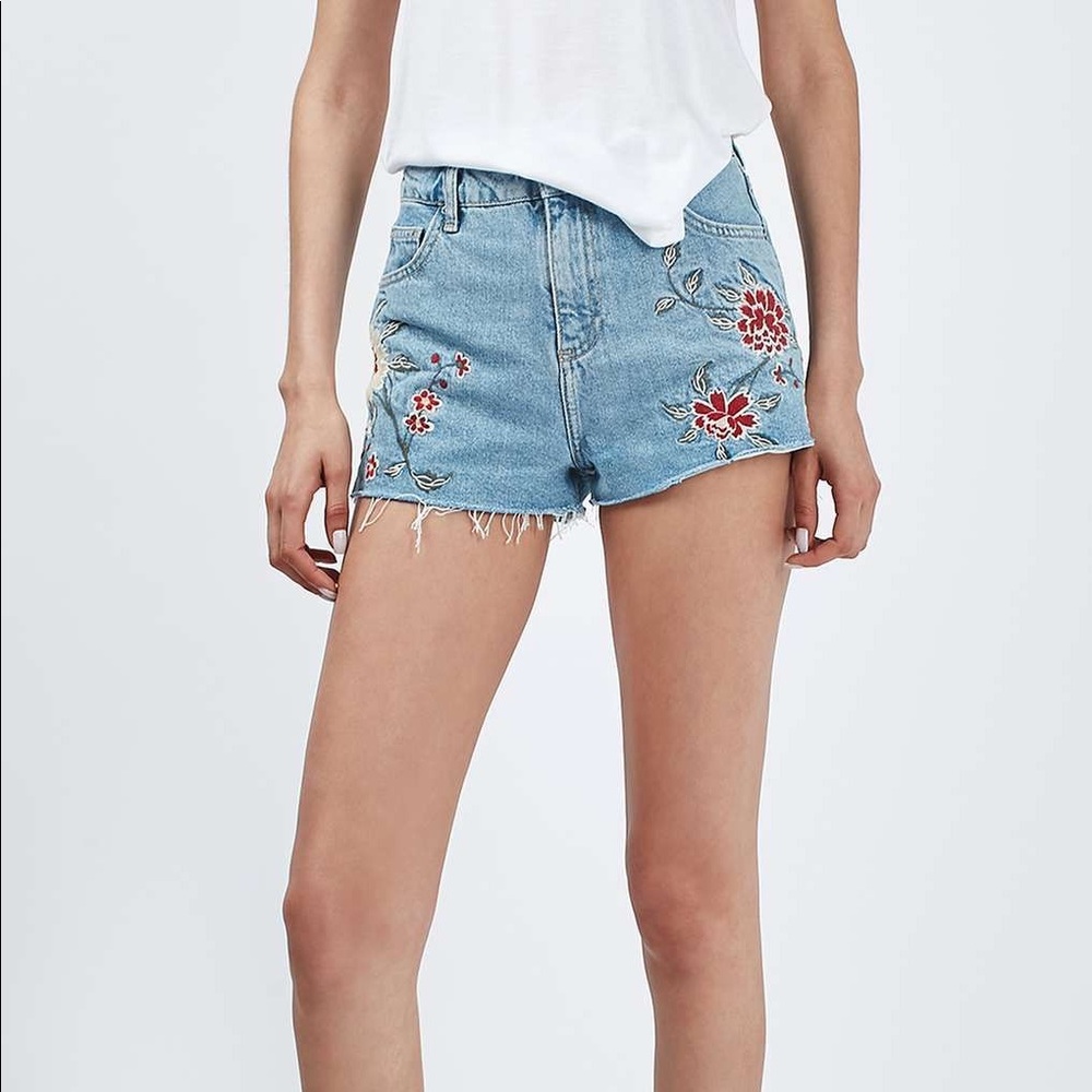 Topshop Moto Floral Embroidered Cutoff Mom Shorts